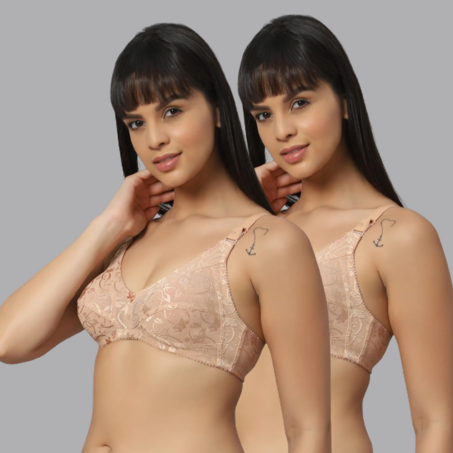 Butterfly Print net Full Coverage Bra Combo Set Of 2 Skin Color - Bluenixie
