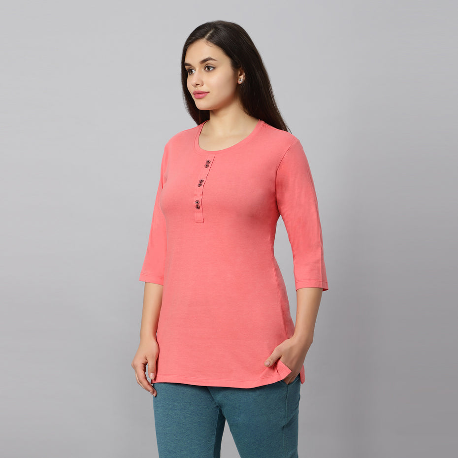 Bluenixie D.Peach Color Hosiery Kurti Top for Women 3/4 Sleeves