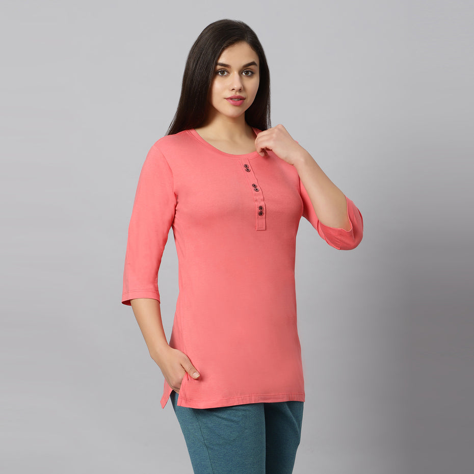 Bluenixie D.Peach Color Hosiery Kurti Top for Women 3/4 Sleeves