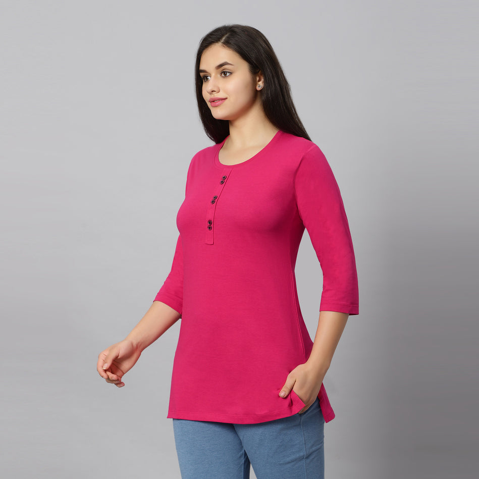 Bluenixie Fushia Color Hosiery Kurti Top for Women 3/4 Sleeves