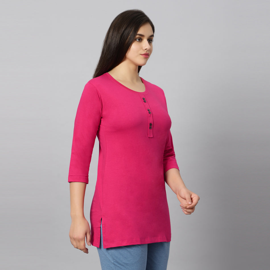 Bluenixie Fushia Color Hosiery Kurti Top for Women 3/4 Sleeves