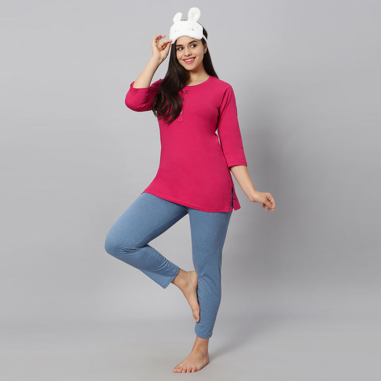 Bluenixie Fushia Color Hosiery Kurti Top for Women 3/4 Sleeves
