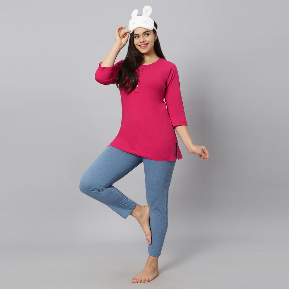 Bluenixie Fushia Color Hosiery Kurti Top for Women 3/4 Sleeves
