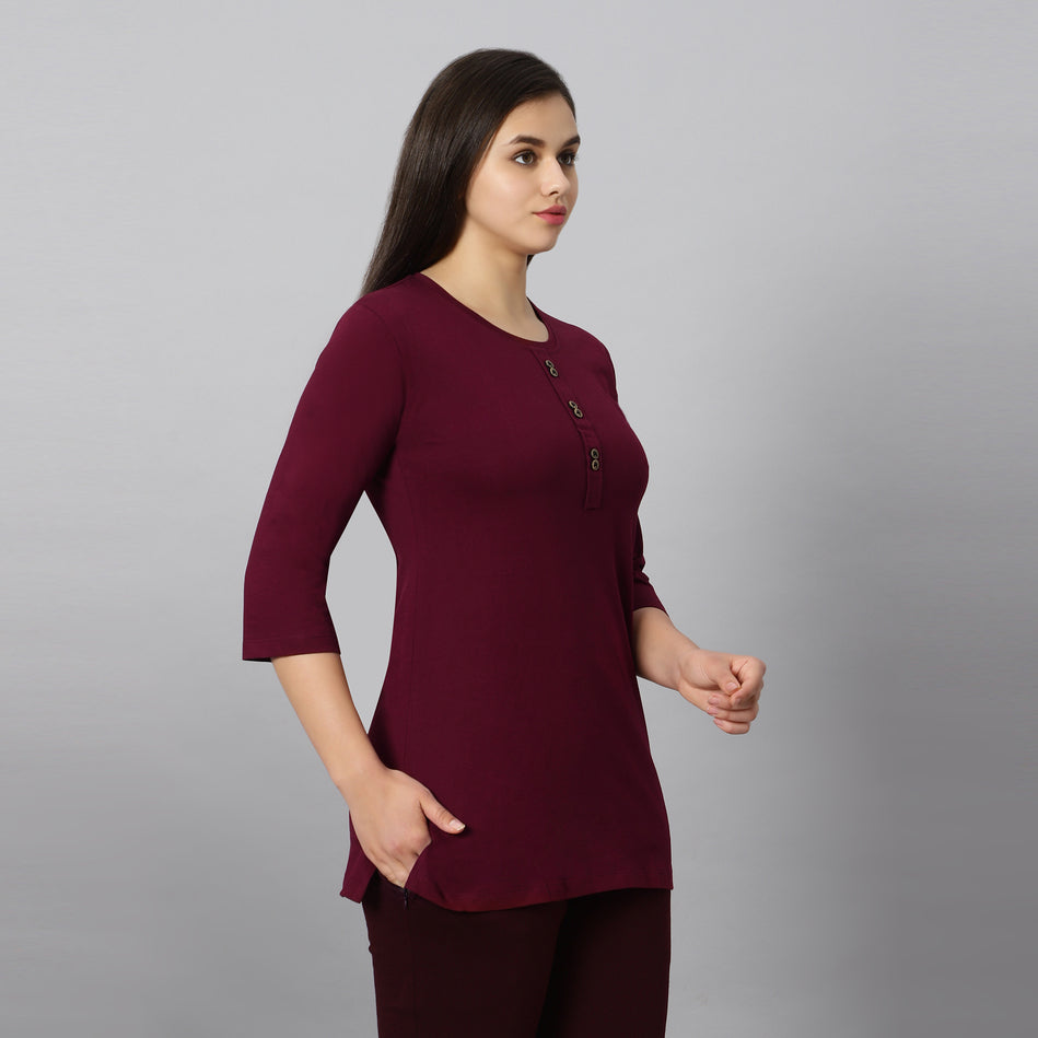Bluenixie Wine Color Hosiery Kurti Top for Women 3/4 Sleeves