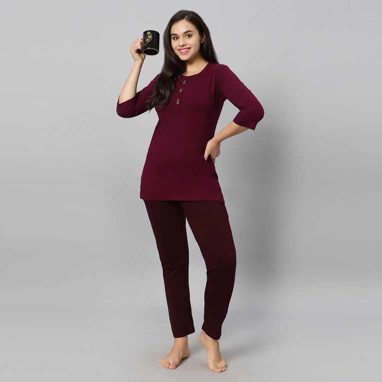 Bluenixie Wine Color Hosiery Kurti Top for Women 3/4 Sleeves