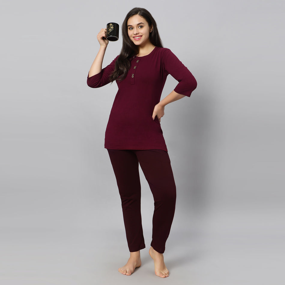 Bluenixie Wine Color Hosiery Kurti Top for Women 3/4 Sleeves
