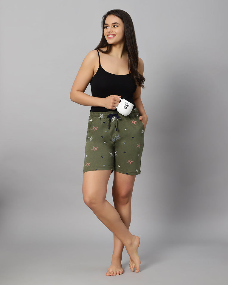 Bluenixie Women's Cotton Printed Olive Color Short