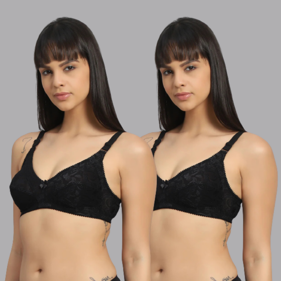 Butterfly Print net Full Coverage Bra Combo Set Of 2 Black Color