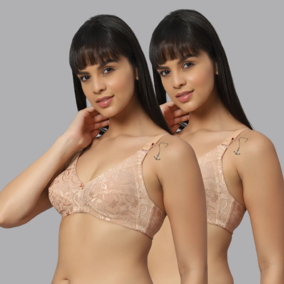 Butterfly Print net Full Coverage Bra Combo Set Of 2 Skin Color - Bluenixie