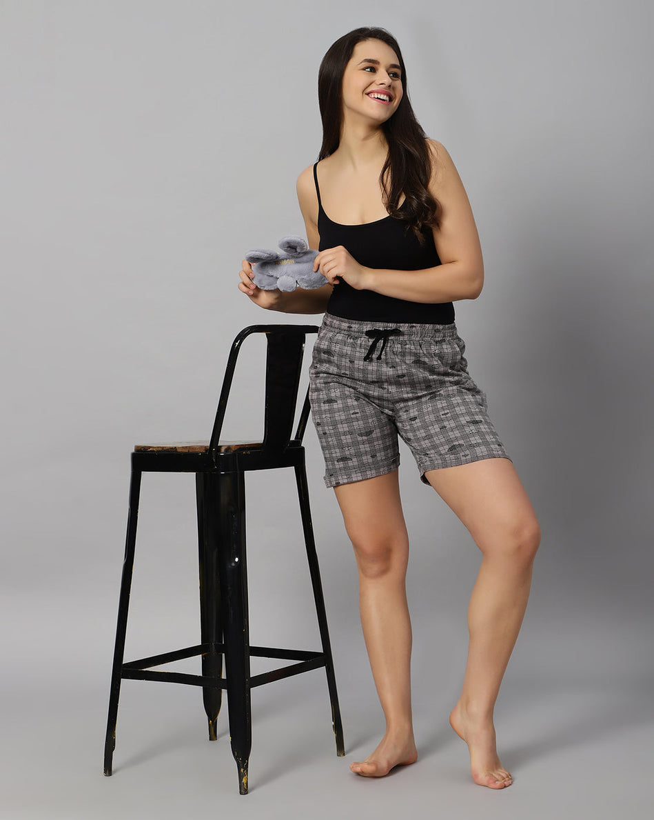 Bluenixie Women's Cotton Printed Grey Color Short