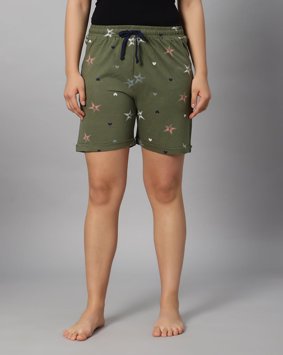 Bluenixie Women's Cotton Printed Olive Color Short
