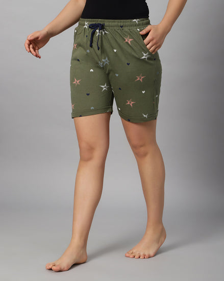 Bluenixie Women's Cotton Printed Olive Color Short