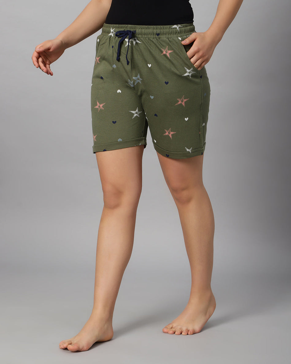Bluenixie Women's Cotton Printed Olive Color Short