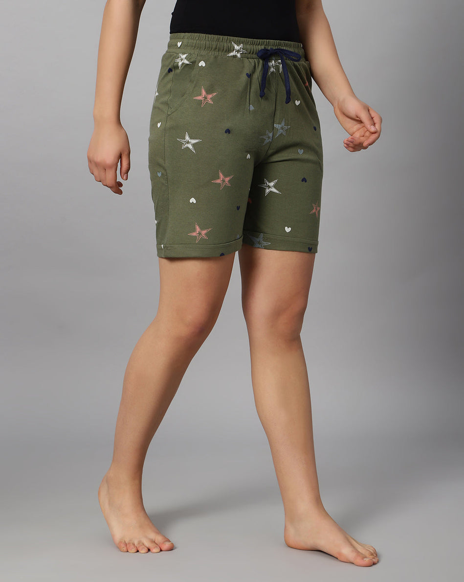 Bluenixie Women's Cotton Printed Olive Color Short