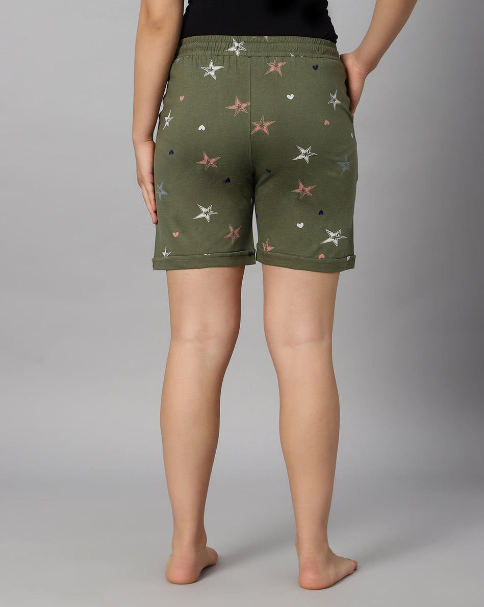 Bluenixie Women's Cotton Printed Olive Color Short