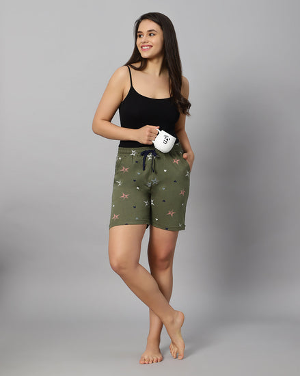 Bluenixie Women's Cotton Printed Olive Color Short