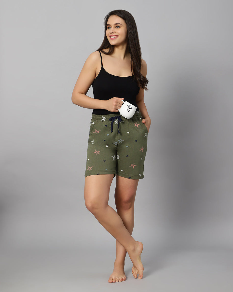Bluenixie Women's Cotton Printed Olive Color Short
