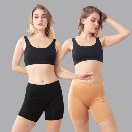 Semilongs Anti Chaffing Stretch Cotton Boys Shorts Combo set of 2 Skin-Black Color- Bluenixie